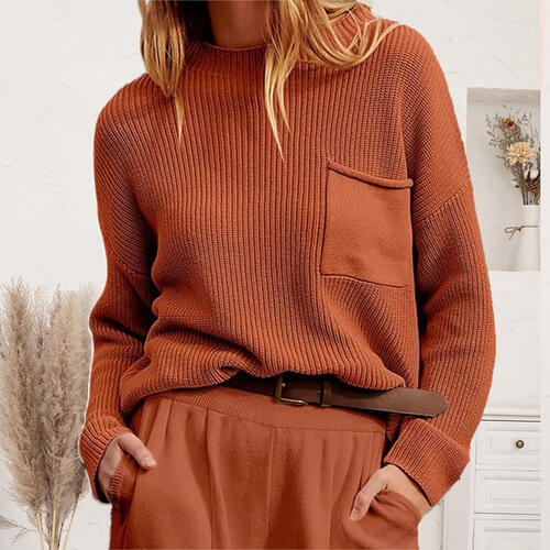 Ribbed Dropped Shoulder Sweater with Pocket - Deals DejaVu