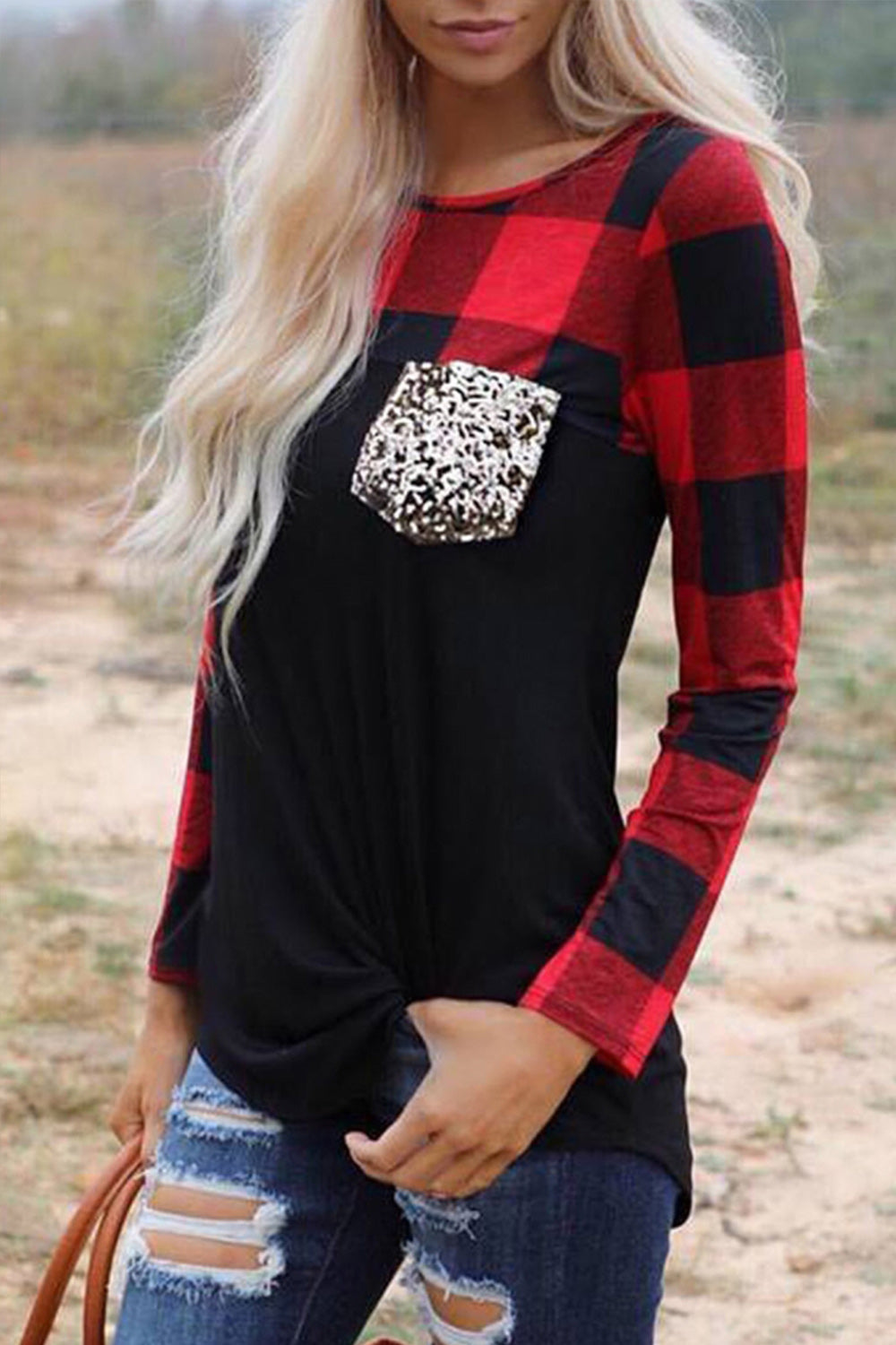 Plaid Stitched Sequin Pocket Top