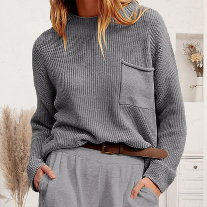 Ribbed Dropped Shoulder Sweater with Pocket - Deals DejaVu