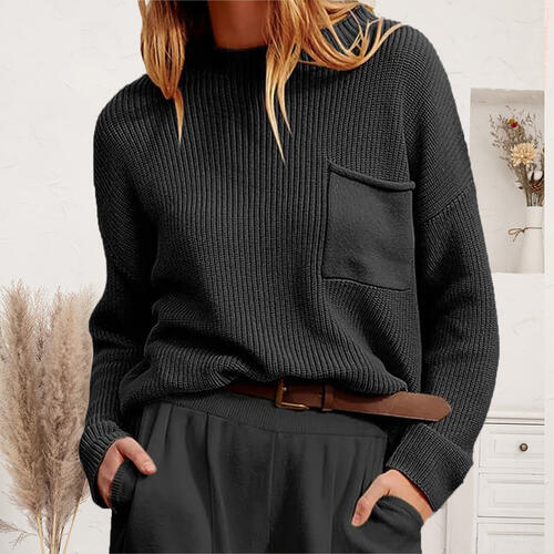 Ribbed Dropped Shoulder Sweater with Pocket - Deals DejaVu