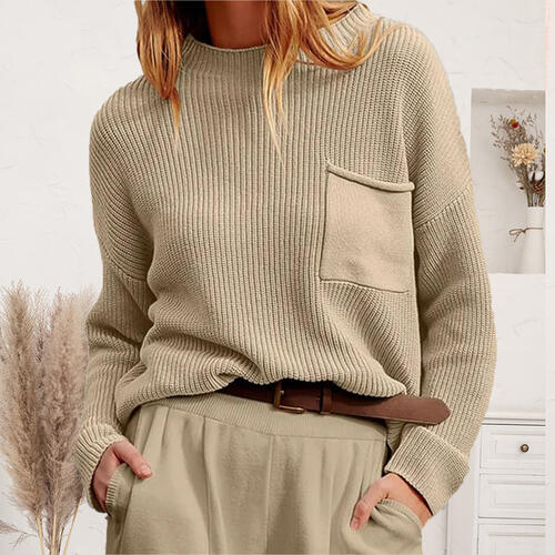 Ribbed Dropped Shoulder Sweater with Pocket - Deals DejaVu