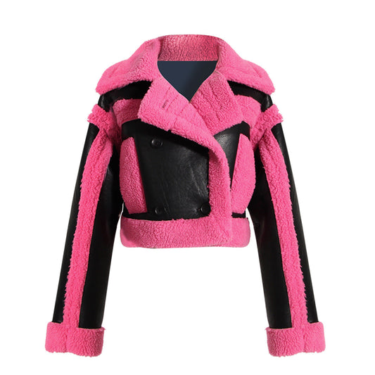 Stylish Pink Faux Fur Motorcycle Jacket with Big Collar    