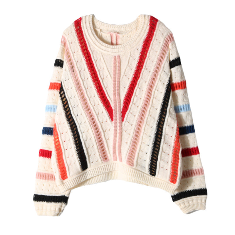 Hollow Out Diagonal Striped Batwing Sleeve Short Sweater for Women with Loose Fit    