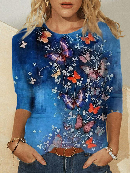 Loose Long Sleeve Round Neck Butterfly Print T-shirt - T-Shirts - INS | Online Fashion Free Shipping Clothing, Dresses, Tops, Shoes - 20-30 - 23/06/2021 - color-blue