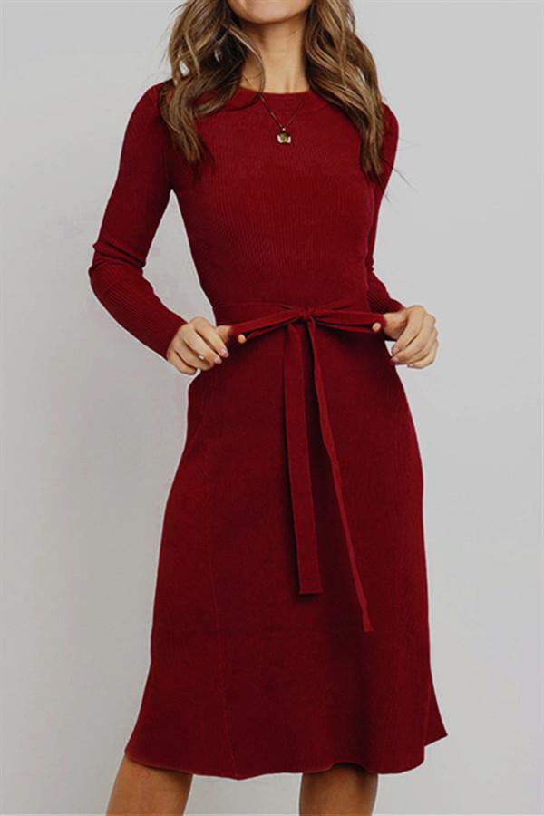 Round Neck Belt Long-sleeved Dress - Pavacat