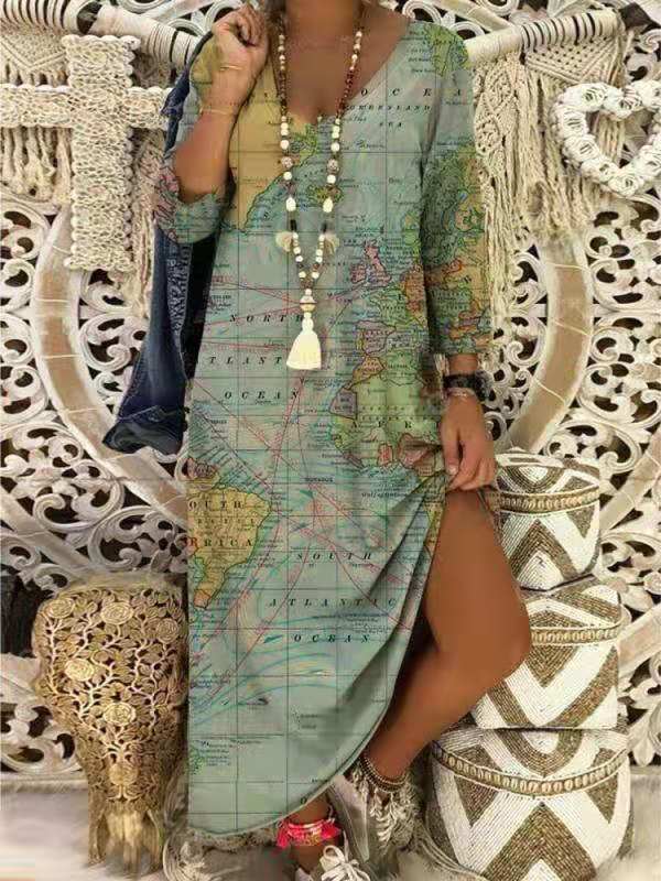 V-neck Earth Print Mid-sleeve Long Dress - MsDressly