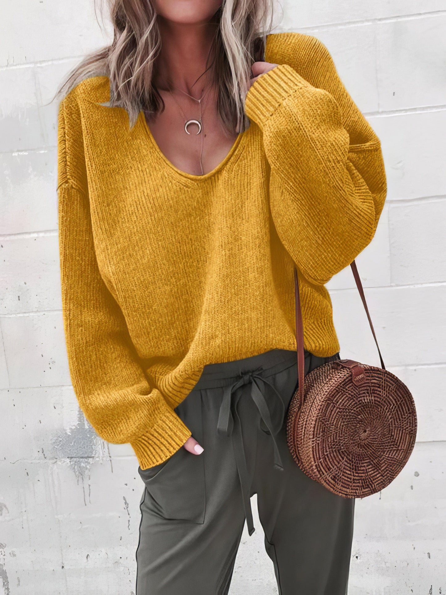 MsDressly Sweaters V-Neck Long Sleeve Solid Loose Knit Sweater SWE2109181185BLAS