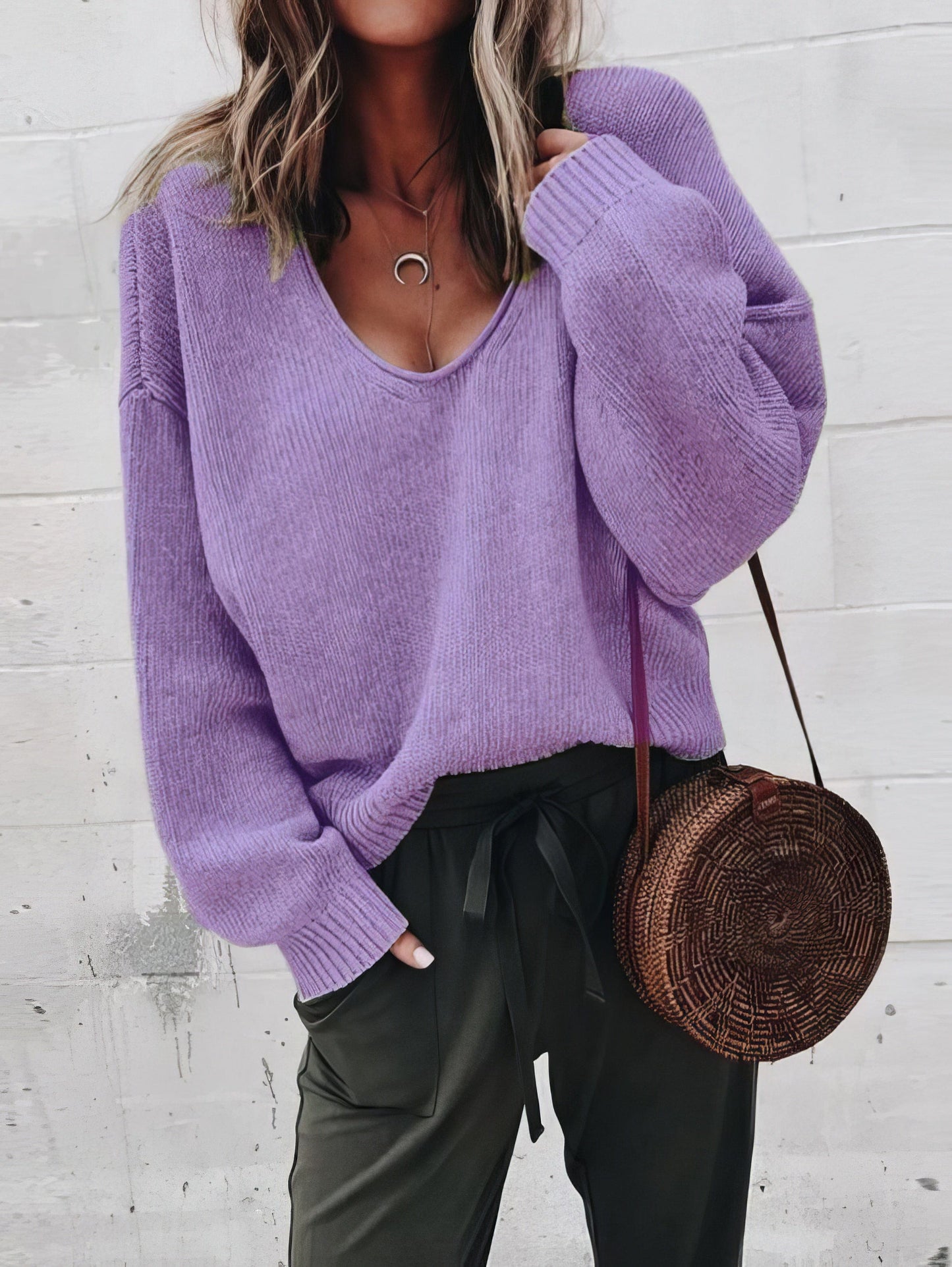 Sweaters - V-Neck Long Sleeve Solid Loose Knit Sweater - MsDressly