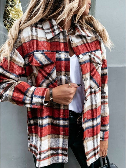 Women's Coats Casual Check Pocket Long Sleeve Shirt Coat