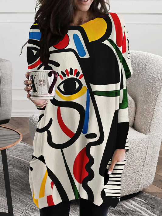 Mini Dresses Women's Dresses Abstract Face Print Round Neck Pocket Long Sleeve Dress MsDressly