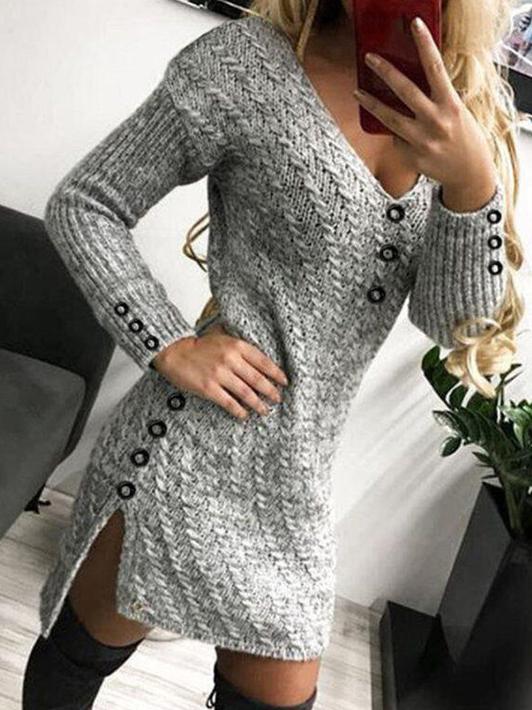 Women's Dresses V-Neck Long Sleeve Buttoned Knit Dress - Mini Dresses - INS | Online Fashion Free Shipping Clothing, Dresses, Tops, Shoes - 20/10/2021 - 30-40 - color-black