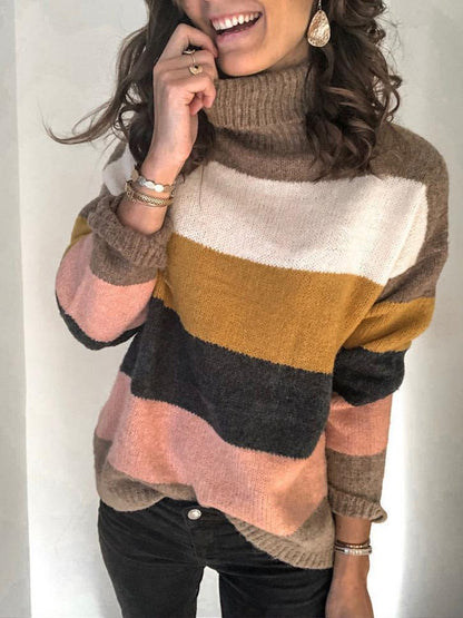 Women's Sweaters High Neck Stitching Striped Knitted Sweater - Cardigans & Sweaters - INS | Online Fashion Free Shipping Clothing, Dresses, Tops, Shoes - 08/09/2021 - 20-30 - Cardigans & Sweaters