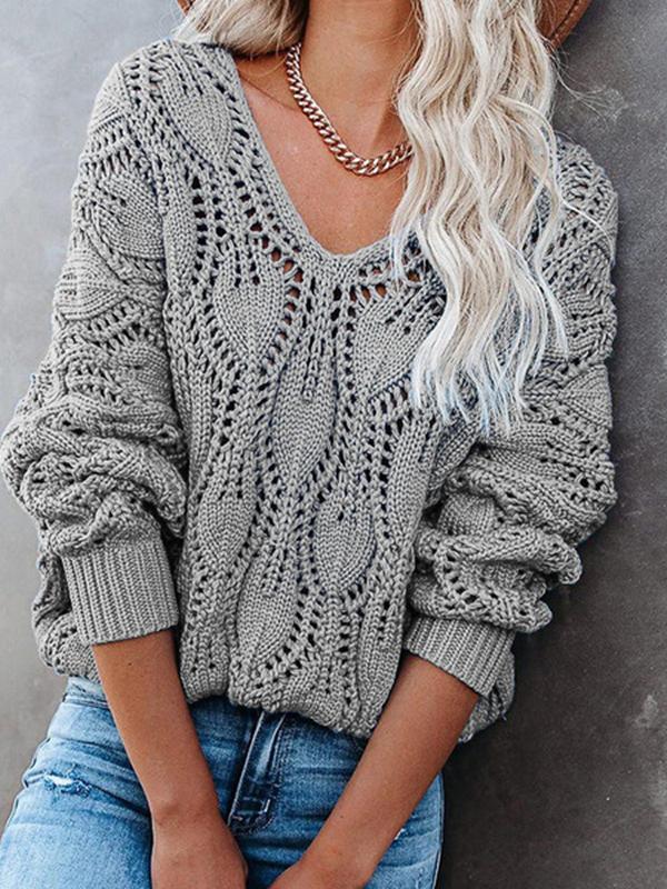 Women's Sweaters Pure Hollow V-Neck Knit Long Sleeve Sweater - LuckyFash™