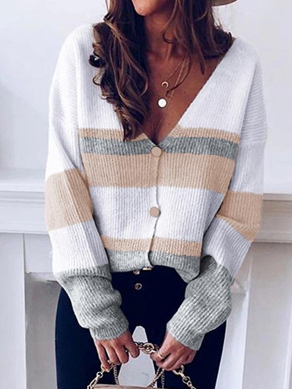 Women's Sweaters V-Neck Button Stripe Stitching Sweater Cardigan - LuckyFash™