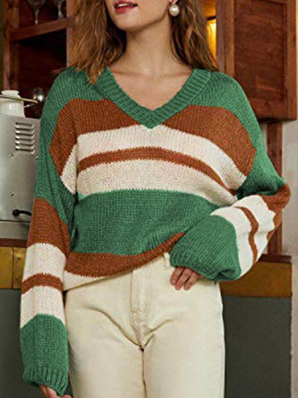 Women's Sweaters V-Neck Color-Block Long Sleeve Knitted Sweater - LuckyFash™