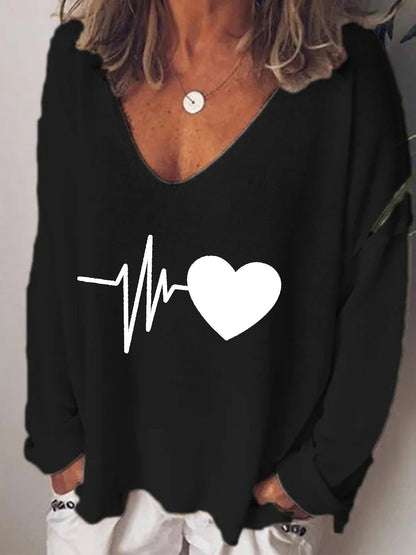 Women's T-Shirts Heartbeat Print V-Neck Long Sleeve T-Shirt - T-Shirts - Instastyled | Online Fashion Free Shipping Clothing, Dresses, Tops, Shoes - 13/08/2022 - Color_Black - Color_Blue